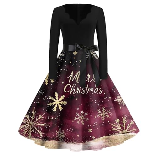 ZHENDEGL Weihnachtskleid Damen Elegant Vintage Langarm Weihnachten Cocktailkleid Herbst V Ausschnitt Cocktailparty Weihnachtskleider,Christmas Dress