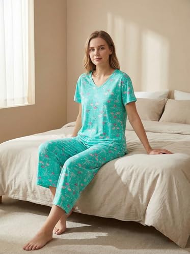 Image of CHUNG Women Cotton Pajama Sets Sleepwear pjs Short Sleeve Shirt Capri Length Crop Pants Cute Vivid Print
