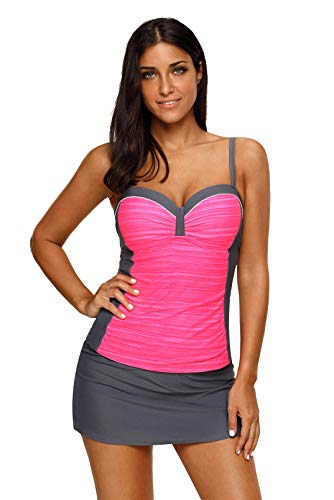 Zereesa Damen Badeanzug Tankini Set Ruched Bademode Tankini Swimsuit Zweiteilig Gepolstert Mit Einstellbarer Rock S-XXXL Cover