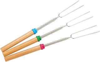 BESPORTBLE 3Pcs Stainless Steel Bbq Forks with Wooden Handles Flat Head Roasting Forks for Sausage Marshmallow Vegetable Grilling Cooking Tool for Outdoor Barbecue Random Color Random Color