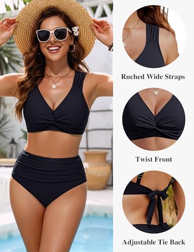Image of Blooming Jelly Women High Waisted Bikini Sets Tummy Control Swimsuits Color Block Two Piece Drawstring Bathing Suit