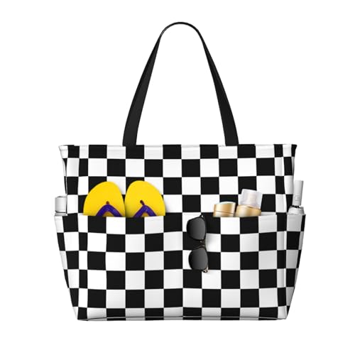 Check Black White Checkered Pattern Checkerboard Beach Bag Women Tote Bag Pool Bag With Zipper For Gym Grocery Travel With Wet Pocket