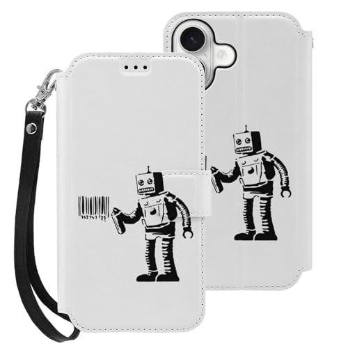 iPhone16用ケース 手帳型 バンクシー Banksy ロボット アイフォン16用ケース 財布型 スマホケース PUレザー おしゃれ カード収納 スタンド機能 携帯カバー 耐衝撃 2025年新型