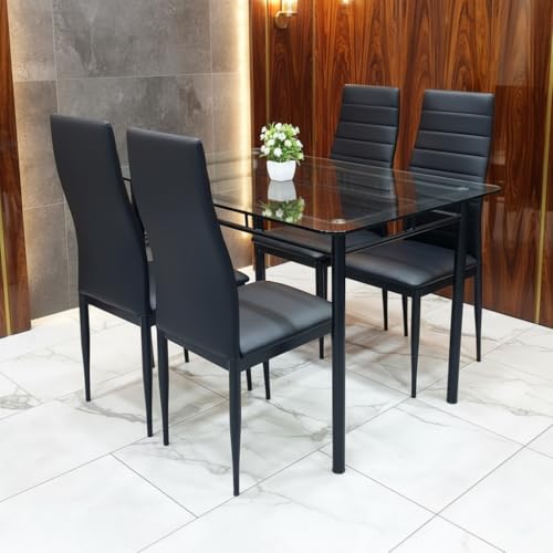 Image of Metal Dining Table Set with Clear 12 mm Thick Toughened Glass Top with Chair for Home Kitchen & Dining Room (Black Full Cushion, 4 Seater 2.5 x 4 feet)