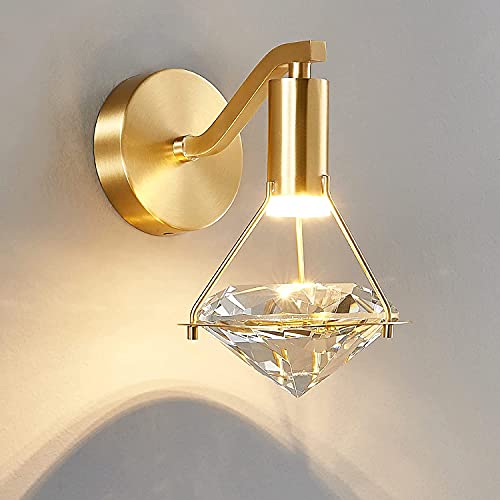 Applique Murale en Cristal à LED 3W Lampe Murale en Cristal de Diamant Lampe de Chevet Dimmable 3000K-6000K, Corps Laiton, Éclairage de Décoration D'intérieur Moderne pour Chambre à coucher, Salon, Or Cover