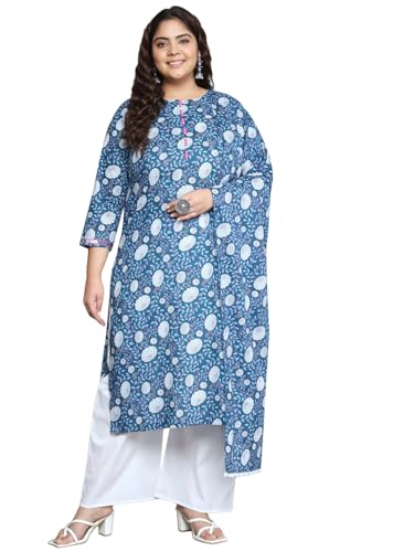 Tissu Women's Plus Size Blue Floral Printed Pure Cotton Kurta Palazzo with Dupatta