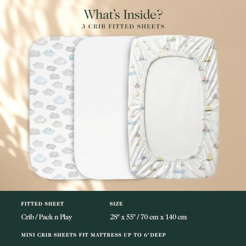 Image of 100% Organic Cotton Baby Crib Sheets (3-Pack) - GOTS Certified, Soft Fitted Sheets for Mini Mattress & Pack n Play, 5 inch Deep Pocket with Secure Elastic Fit, Boys & Girls, 28 inch x 55 inch (Watercolors)