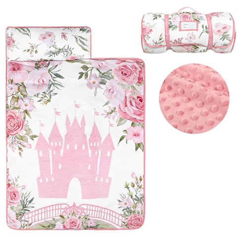TANOFAR Toddler Nap Mat with Pillow and Plush Blanket, Ultra Soft Toddler Sleeping Mat for Boys Girls, Thickened Extra Large Kids Nap Mat Fits Ages 2-6 Years (Pink Castle)