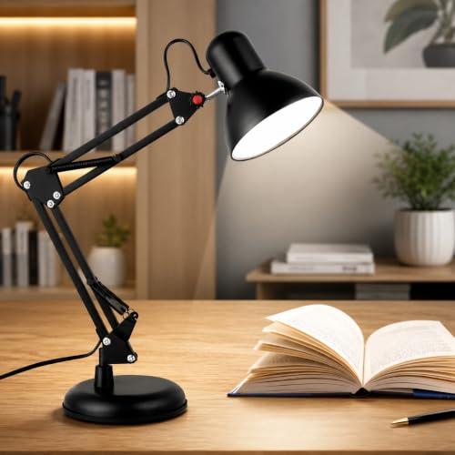 Image of One94Store Adjustable Metal Study Table Lamp with Flexible Neck & Swing Arm | E27 Bulb Holder with 2W Bulb Included | Button Control | Desk Lamp for Reading, Study, Office, Bedroom, Black