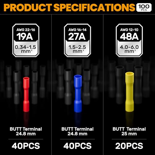 SOMELINE Butt Connectors Crimping Tool Kit 0.34–6 mm² (AWG 22–10), 3 Types of Insulated Butt Crimp Connectors – Terminal Crimping Tool and Electrical Connectors Kit