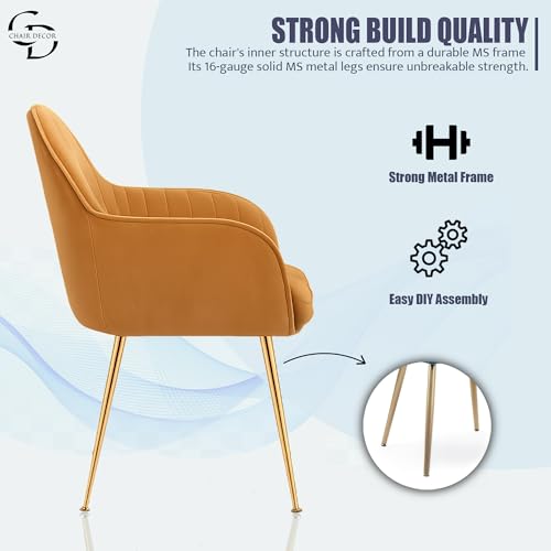 Image of Velvet Accent Chair with Matching Pouffe & Floral Cushion | Upholstered Lounge Armchair with Gold Metal Legs for Living Room, Bedroom, Office & Guest Room (Light Brown)