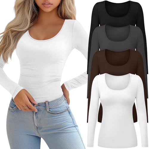 Ficerd 4 Pack Women's Long Sleeve T Shirts Scoop Neck Basic Tight Slim Fit Tops Casual Fashion Tee Shirts2