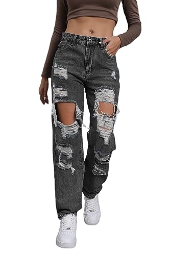 Women's Pink Ripped High Waisted Jeans - Distressed Straight Leg Y2K Pants - Size M (Long Inseam)