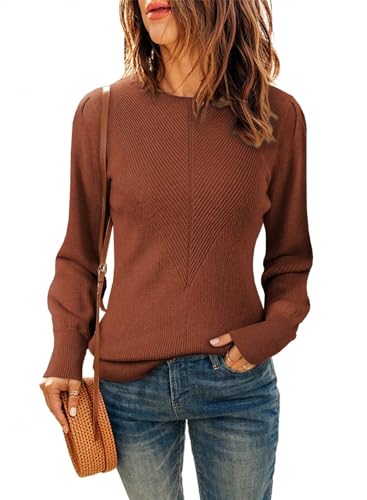 Dokotoo Womens Ribbed Knit Long Lantern Sleeves Sweater Crewneck Casual Slim Fit Pullover Jumper Tops