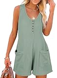 AlvaQ Rompers for Women 2025 Summer Sleeveless Round Neck Button Front Overalls Casual Shorts Jumpsuit Vacation Beach Outfits Rompers with Pockets,Green,Small