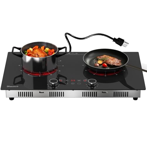 Image of 2 Burner Electric Cooktop 110V - 24 Inch(23.6 inchx 13.78 inch) Ceramic Stove Countertop & Built-in(22 inchx 12.2 inch), 2000W Two Burner Cooktop with Touch & Knob Control, Timer, Safety Lock, 120V Plug in
