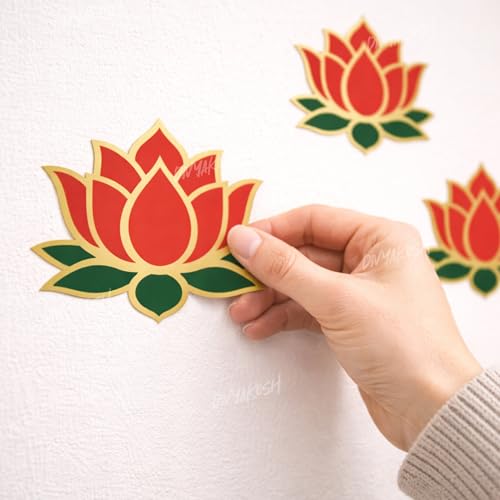 Image of Divyakosh Red Lotus Wall Stickers for Wall Decor (12 Pieces, 3x3.5 Inch) | Temple Decor, Puja Backdrop Decoration, Mandap| Peel & Stick Lotus Stickers for Home & Festive