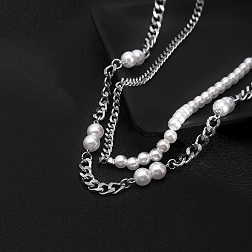 Yertter 2Pcs Chunky Chain Link Pearl Choker For Men Half Pearl Chain Thick Curb Chain Adjustable Trendy Chain For Men Unisex(Style 7) #TOP4