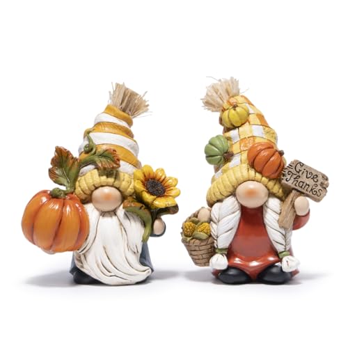 Hodao Fall Gnome Figurines Pumpkin Gnomes with Checkered Hats Sunflower Corn Basket and Give Thanks Sign Thanksgiving/Harvest Home Decor & Gift for Tiered Tray Mantel Tabletop Windowsill