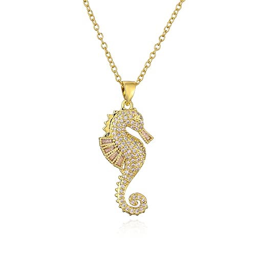 18K Gold Plated CZ Zircon Seahorse Pendant Necklace For Women 17.7