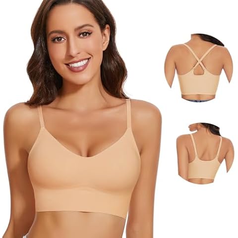 WOWENY Women's Seamless Bra Comfortable Wirefree Bras V Neck Adjustable Bralettes for Women with Support Everyday Bras Nude Cover