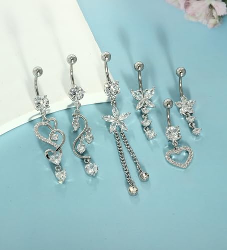 TIANCI FBYJS 14G Women Belly Button Rings Surgical Stainless Steel Dangle Belly Rings 10mm Belly Bar Body Piercing Navel Jewelry Butterfly Heart Flower Dangling Silver Gold Belly Piercings 11pcs4