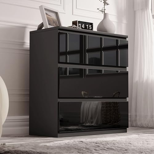 Image of Blisswood High Gloss Chest of Drawer, 3 Drawer Bedroom Chest of Drawer Bedside Table Cabinet for Bedroom Living room Furniture, Black, 70W x 40D x 77H cm