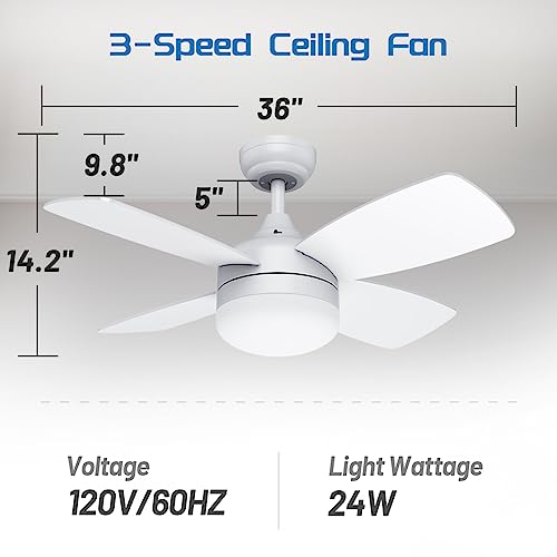 Wurzee Ceiling Fan With Lights Remote Control, 36 Inch, Ceiling Fan Reversible Motor, Timing, Dimmable Light, 4 Blades, White Ceiling Fan With Light For Farmhouse, Kitchen, Garage, Hallway #TOP4