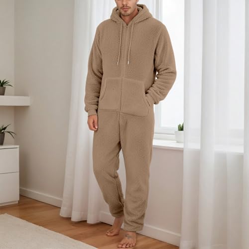 Mono de invierno para hombre pijama entero holgado con capucha y cremallera de forro polar gris 3