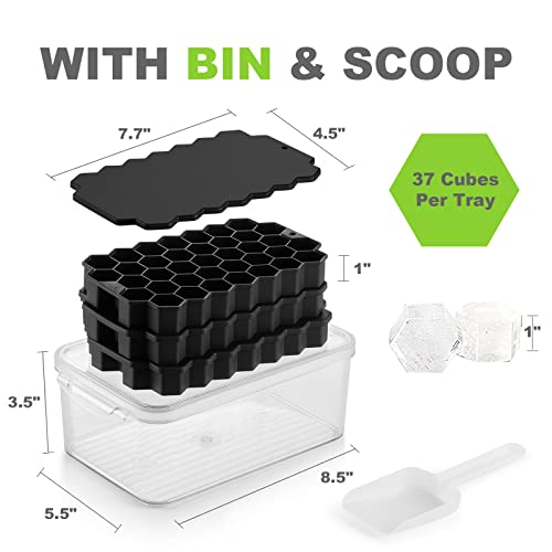 Acookee 3 Pack Silicone Ice Cube Trays For Freezer With Lid And Bin, 111Pcs Hexagonal Fun Shapes Cubes Stackable Small Ice Cube Molds With Ice Bucket For Whiskey, Cocktail, Coffee, Soup, Baby Food #TOP3
