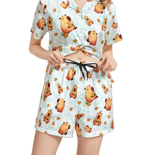 Image of Funny Pajamas for Women Set Print Satin Loungewear Pjs Short Sleeve Button Down Top and Shorts Sets Sleepwear XS-3XL