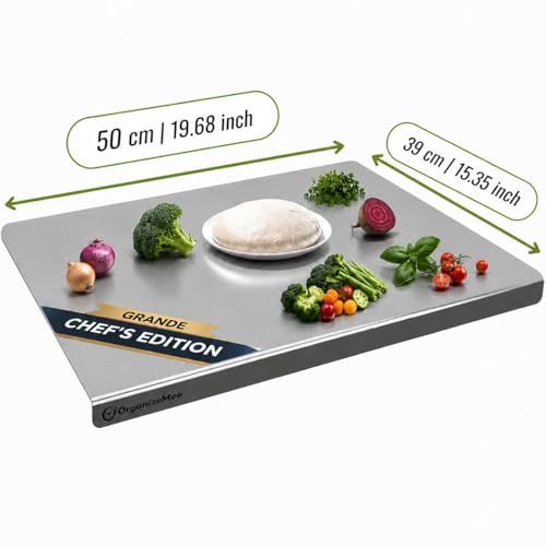 Image of OrganizeMee Stainless Steel 304 Fruit Chopping Cutting Board for Kitchen, Kitchen Metal Chopping Board for Vegetables Breads and Meats, Heavy Duty Safe (Platform Large 50X39CM)