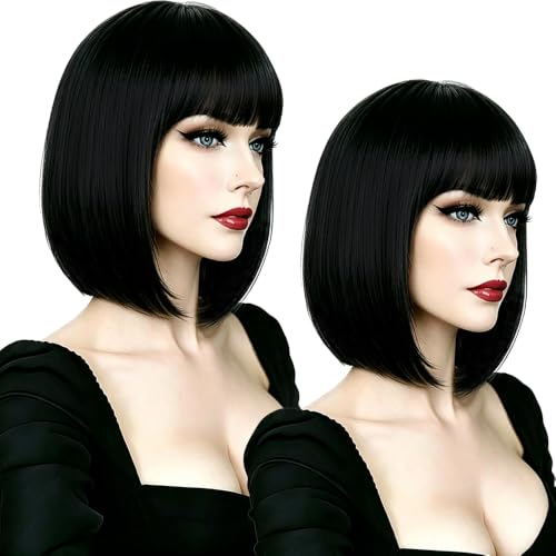 Synthetic Bob Wig With Bangs 12 Inch Short Straight Black Wigs for Women