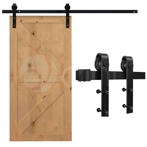 Dihl 6 Foot Sliding Door Steel Flat Track Hardware System, Single Wooden Barn Door Closet Style Mounting Kit, Black, 6Ft / 183cm