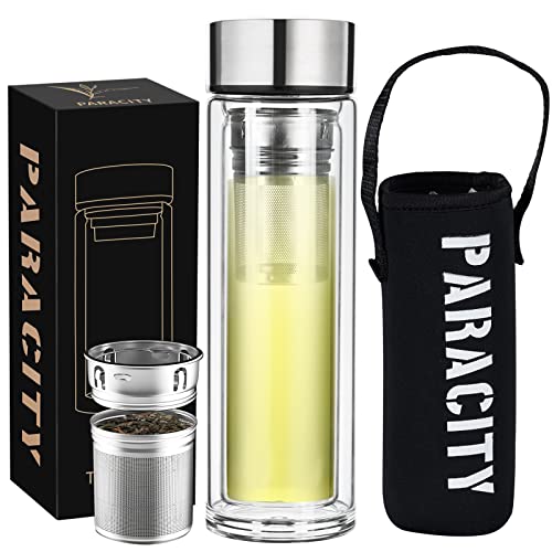 PARACITY Bouteille infuseur à thé, filtre étendu amélioré, verre borosilicate à double paroi, gobelet à thé de voyage, boisson, café 355 ml Cover