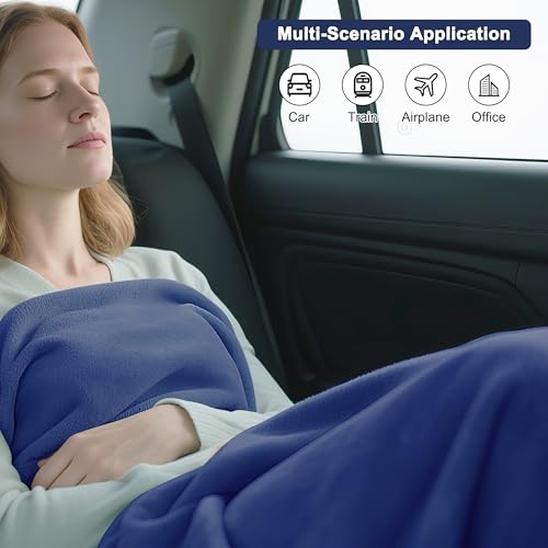 DTXIAQIAO 2-in-1 Convertible Travel Blanket & Pillow-Ultra Soft, Compact & Packable with Hand Luggage Sleeve and Backpack Clip for Flight & Car,Navy Blue — view 5