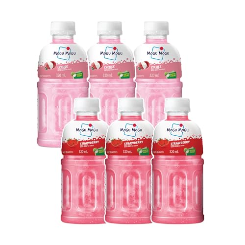Image of Mogu Mogu Lychee & Strawberry Juice Drink with Nata de Coco Jelly 320ml (Pack of 6)| Refreshing Tropical Thai-Made Sip & Chew Beverage