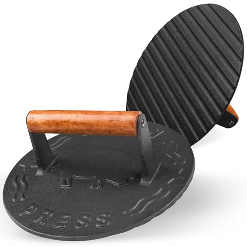 Heavy-Duty Cast Iron Burger Press 8.5 Inch Round Burger Smasher, Grill Press for Cooking Burgers, Bacon, Sandwiches, Steak, Ground Beef, Meats, Sausages, and So On