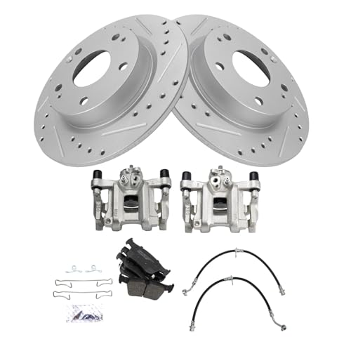 Image of TRQ Performance Rear Brake Pad and Rotor Set Ceramic Slotted Drilled 260mm Rotors Calipers Compatible with 2016-2019 Honda Civic