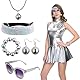 5 Stück Disco Accessoires für Damen,70er Discokugel Spiegelkugel Schmuck Set,Metallische Discokugel Weiß Halskette Armband Damen Glitzer Haarbänder Diamant Sonnenbrille für Fasching Karneval Kostüm