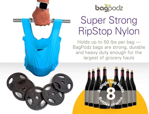 Sturdy-Reusable-Grocery-Bags-Foldable-and-Washable-Made-From-RipStop-Nylon-Hold-50lbs-Designed-in-USA-Reusable-Shopping-Bags-Inside-a-Compact-Pod-with-Carry-Clip-5-Pack-in-Blue