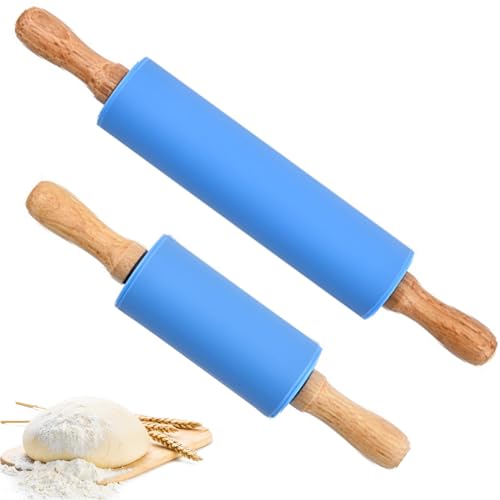 Rodillo Pastelero de Silicona,Rodillo Cocina,Rodillo de Silicona Antiadherente,Silicona Mango de Madera Rodillo,Rodillo Reposteria,Rodillo Amasar Cocina con Mango de Madera para Pasta,Pastelería,2Pcs