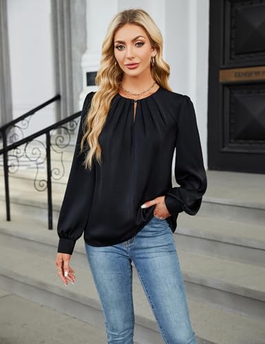 Blooming Jelly Womens Dressy Casual Blouses Satin Long Sleeve Shirts Pleated Business Tops Trendy Fall Outfits2