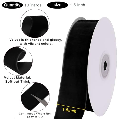 Image of Tsorode 10 Yards Black Velvet Ribbon 1 Inch for Christmas Tree,Velvet Christmas Ribbon for Gift Wrapping Crafts Bow Wreath Holiday Decorations (Black, 1 1 /2 inch-10 Yard)