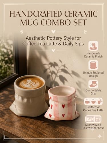 Image of Set of 2 Handmade Ceramic Coffee Mugs - Heart Print & White Pottery Style Aesthetic Tea Cups for Coffee Milk Espresso, Designer Mug Combo for Women Girls Home Cafe Use