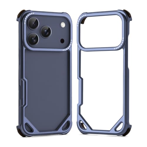 OGRANEE Metal Bumper Case for iPhone 17 Pro, Aluminum Alloy Frame Hollow Back Design Compatible with Magnetic, Minimalist Slim Shockproof Cool Cover Hard Shell, Raised Edge Protection, Blue