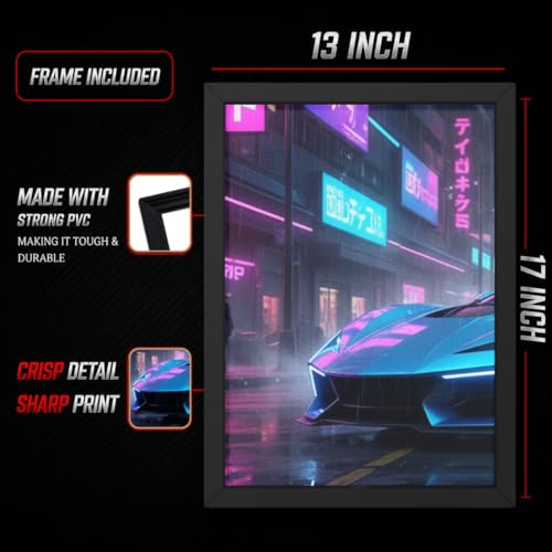 Image of BeauKraft Supercar Racing Poster Set for Wall - 3 Panel Split Posters (13x17 in Each, Framed), Sports Car Wall Art Decor for Boys Room, Living Room, Garage & Men's Bedroom (Framed - Blue)