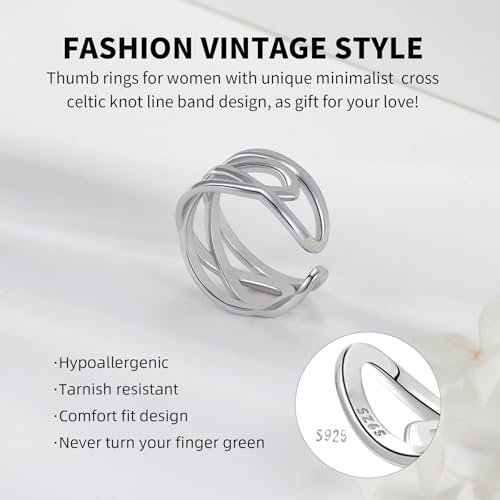925 Sterling Silver Thumb Rings for Women Open Adjustable Knuckle Celtic Knot Rings for Women Dainty Minimalist Cross Line Band Finger Rings Jewelry for Birthday Christmas3