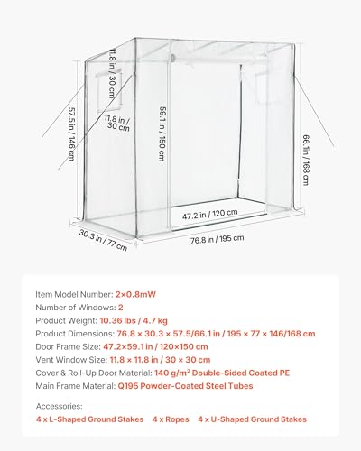 Image of VEVOR Walk-in Greenhouse, 76.8 inch x 30.3 inch x 66.1 inch Greenhouse for Outdoors with Windows, PE Cover, Roll-Up Zipper Door, Walk in Green House Kit, Portable Plant Garden Hot House for Backyard, Outside