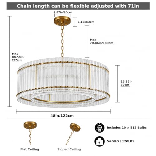 Image of 48-Inch Ripple Glass Chandelier, 2-Tier 10-Light Large Brass Round Chandelier for Dining Rooms, Living Rooms, Foyers, Staircases, Open-Concept Spaces & High Ceilings